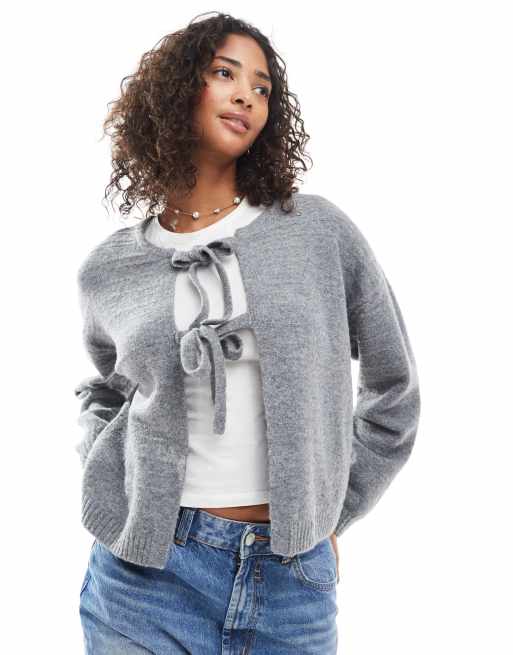 Vero Moda textured knit tie front cardigan in dark grey, 3 of 4