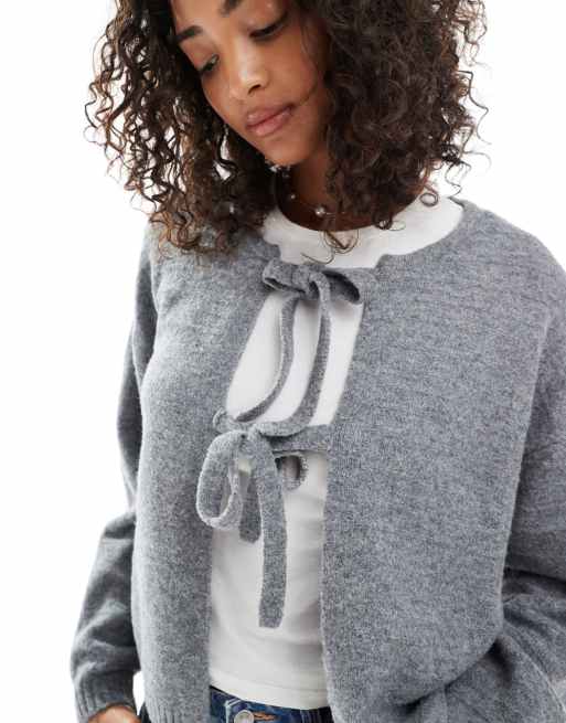 Vero Moda textured knit tie front cardigan in dark grey, 4 of 4