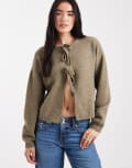 [Vero Moda] Vero Moda textured knit tie-front cardigan in olive green XS Mermaid MELANGE