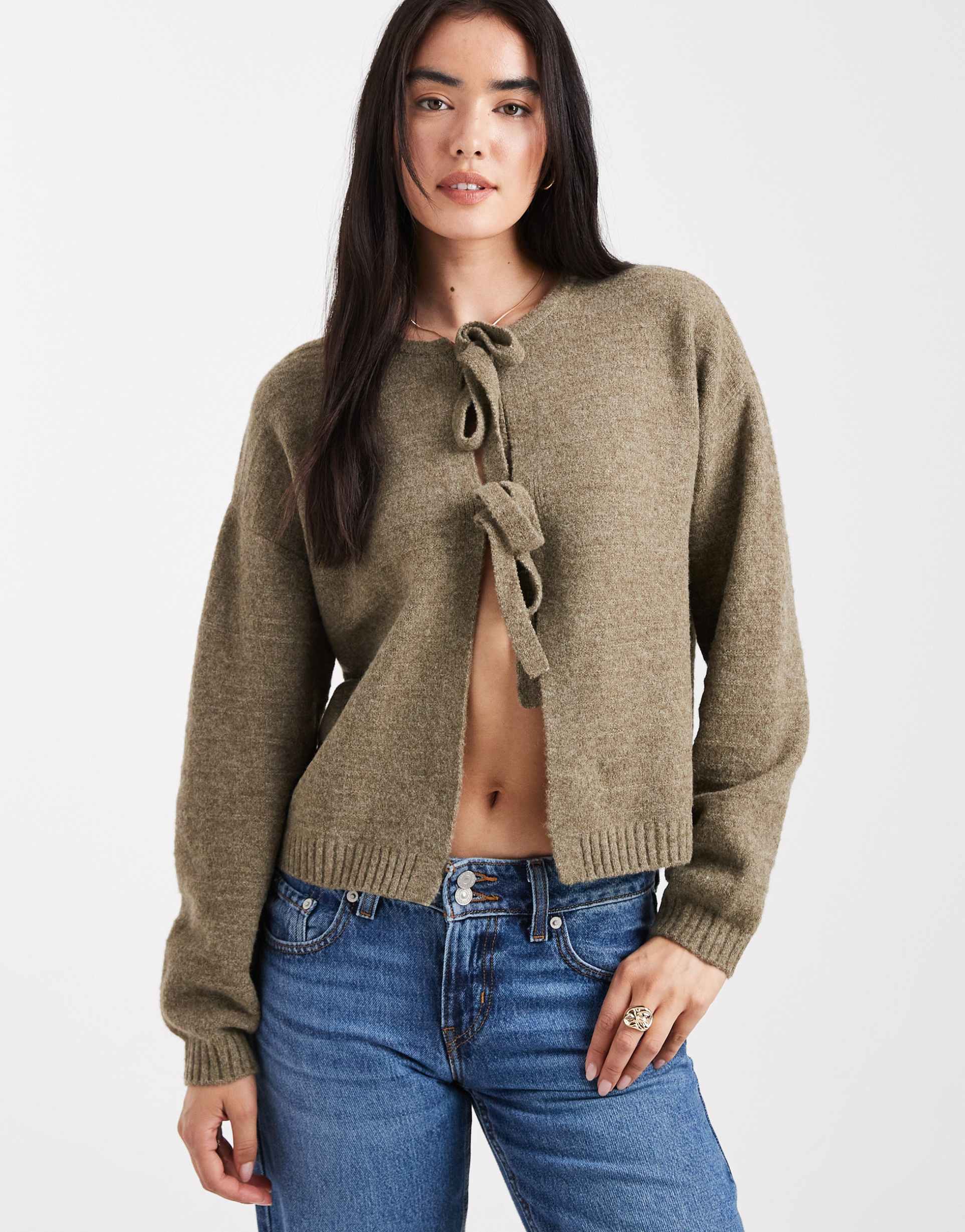 vero moda textured knit tie front cardigan in olive green