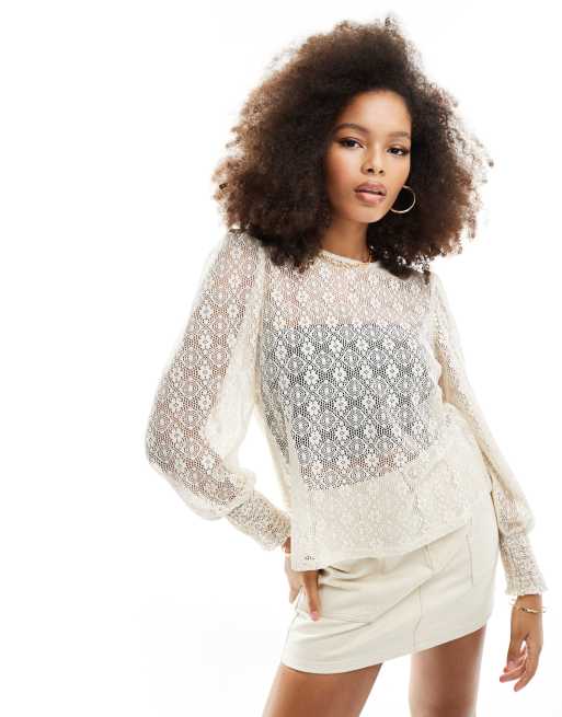 Vero Moda textured lace high neck blouse with cuff sleeves in cream