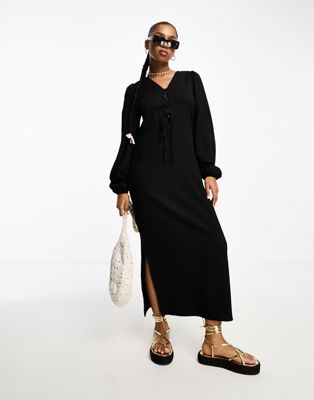 Vero Moda textured long sleeve maxi dress with lace up detail in black - ASOS Price Checker