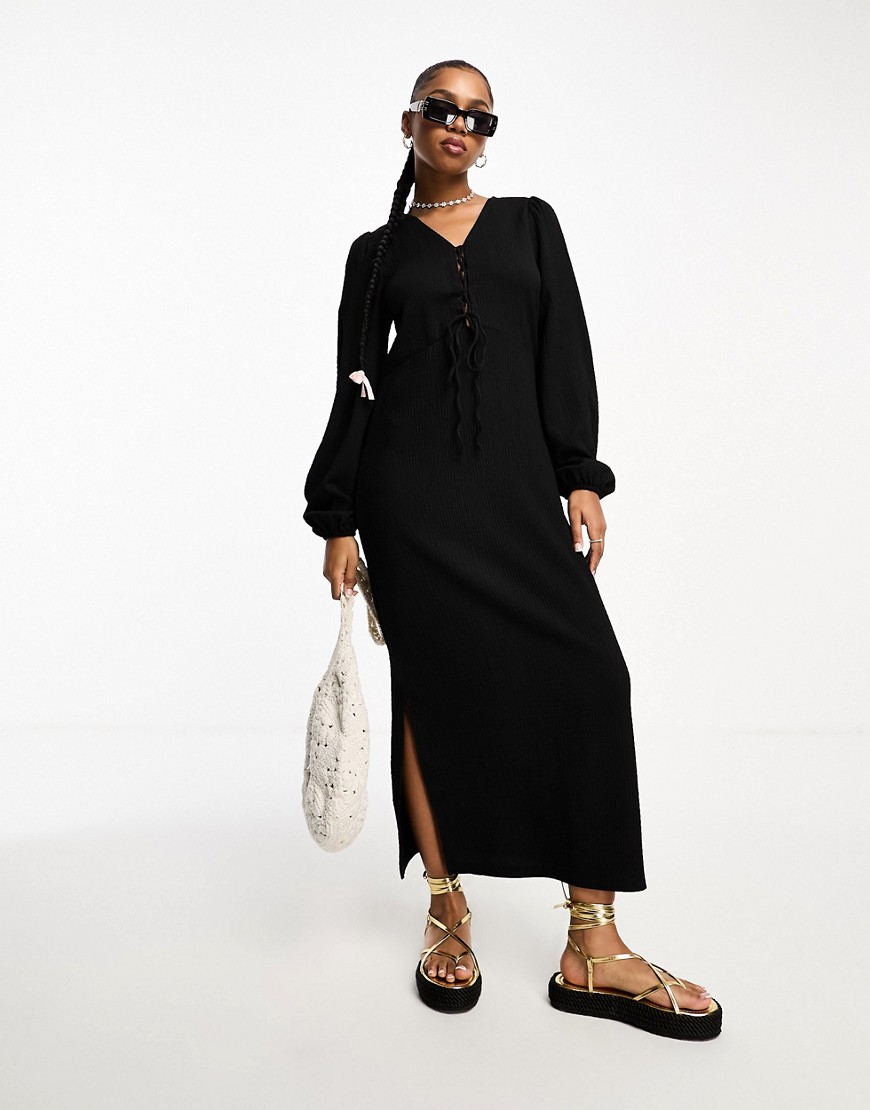 Vero Moda textured long sleeve maxi dress with lace up detail in black