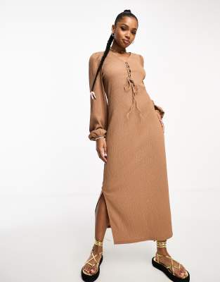 Vero Moda Textured Long Sleeve Maxi Dress With Lace Up Detail In Stone-neutral