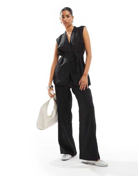 Vero Moda textured longline waistcoat and relaxed pants set in black - view 1