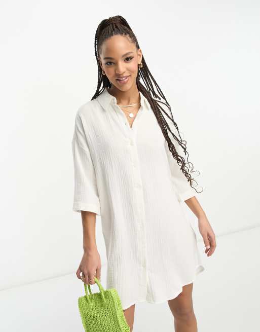 Vero Moda textured oversized shirt dress in white