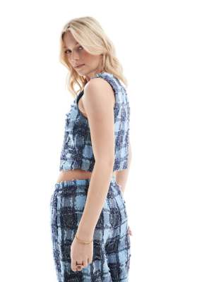 Vero Moda Textured Plaid Cropped Vest In Blue