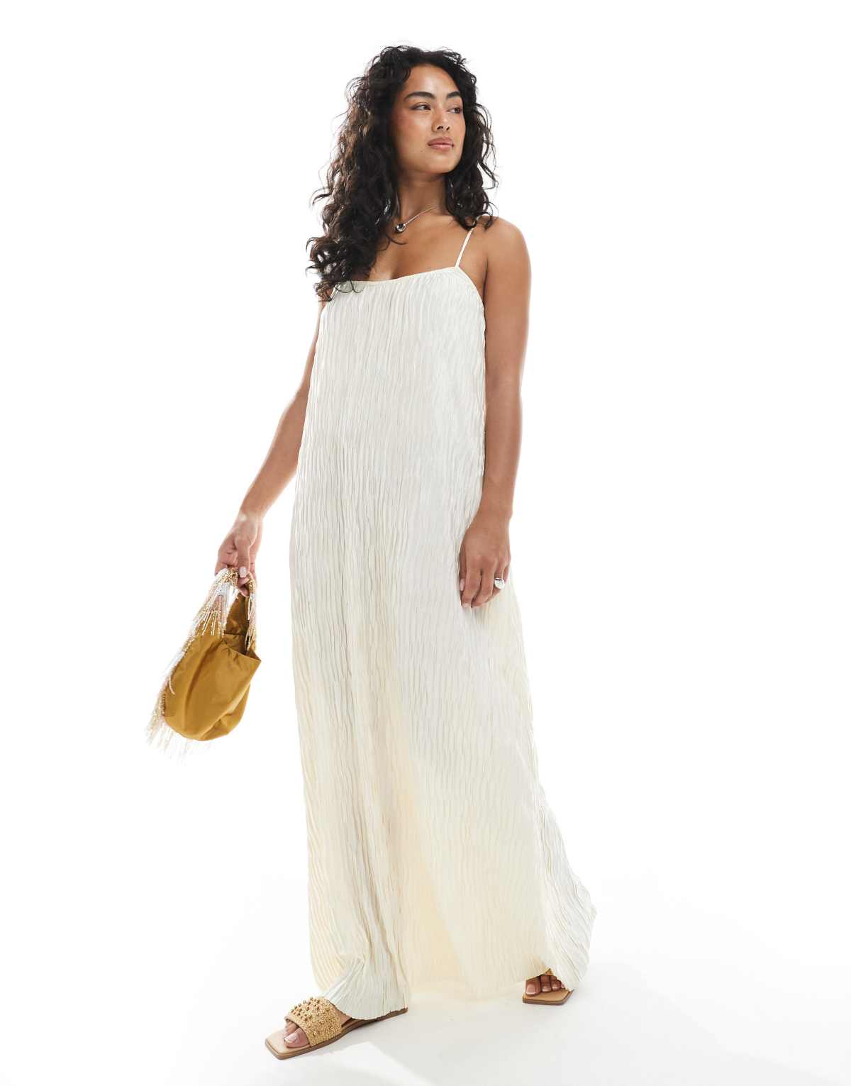 Vero Moda textured plisse cami maxi dress in birch cream