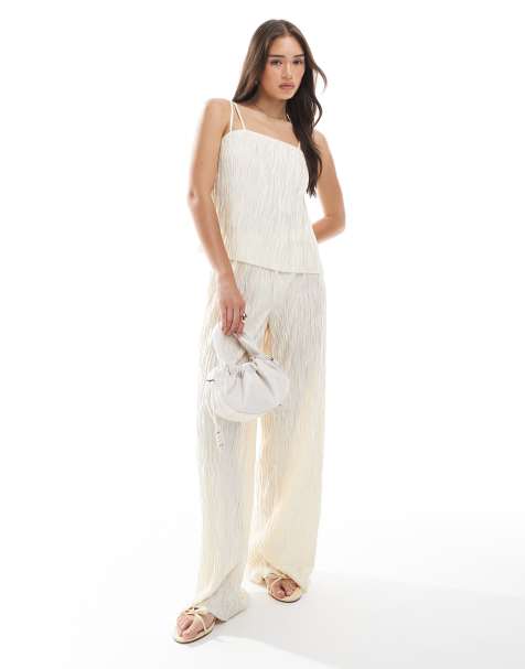 Vero Moda textured plisse double strap cami and wide leg pants set in birch cream - view 1