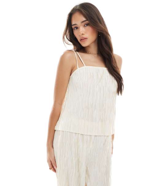 Vero Moda textured plisse double strap cami co-ord in birch cream
