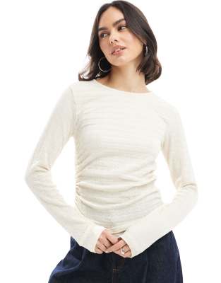 Vero Moda Textured Ruched Long Sleeve Top In White