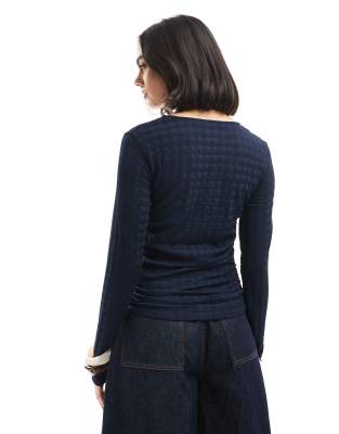Vero Moda Textured Ruched Long Sleeve Top In Navy