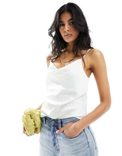 Vero Moda textured satin cowl neck cami top in off white