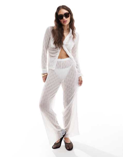 Vero Moda textured sheer beach trouser co-ord in white - view 1