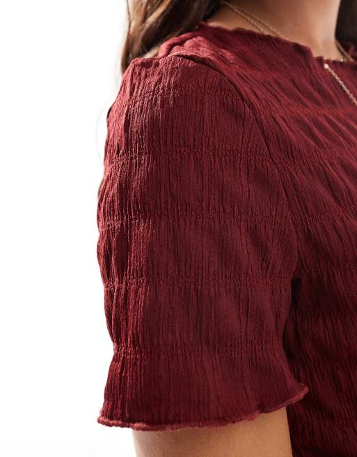 Vero Moda textured short sleeve t-shirt in burgundy, 3 of 4