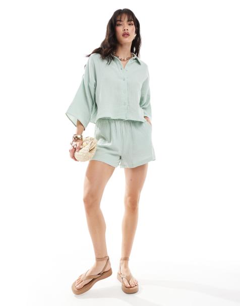 Vero Moda textured shorts co-ord in pale green - view 1
