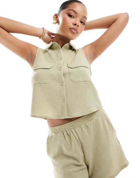 Vero Moda textured sleeveless vest co-ord in sage green - view 1