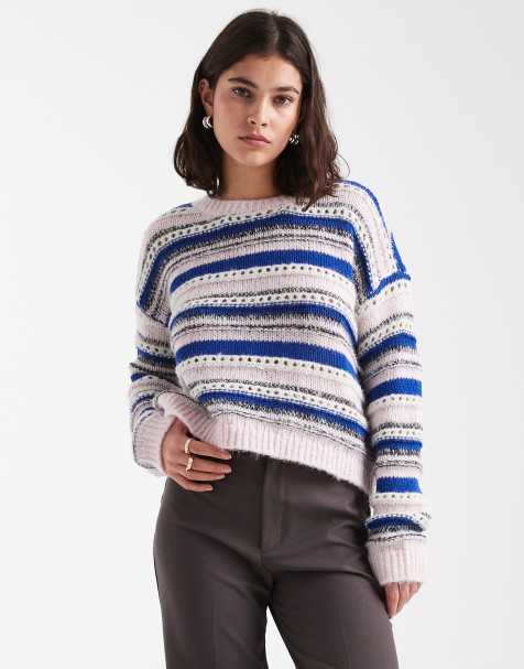 Vero Moda textured stripe knitted jumper in pale pink and cobalt - view 1