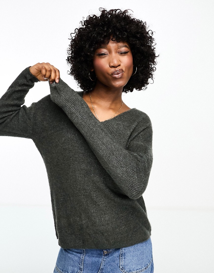 Vero Moda Textured V Neck Knitted Sweater In Gray Melange