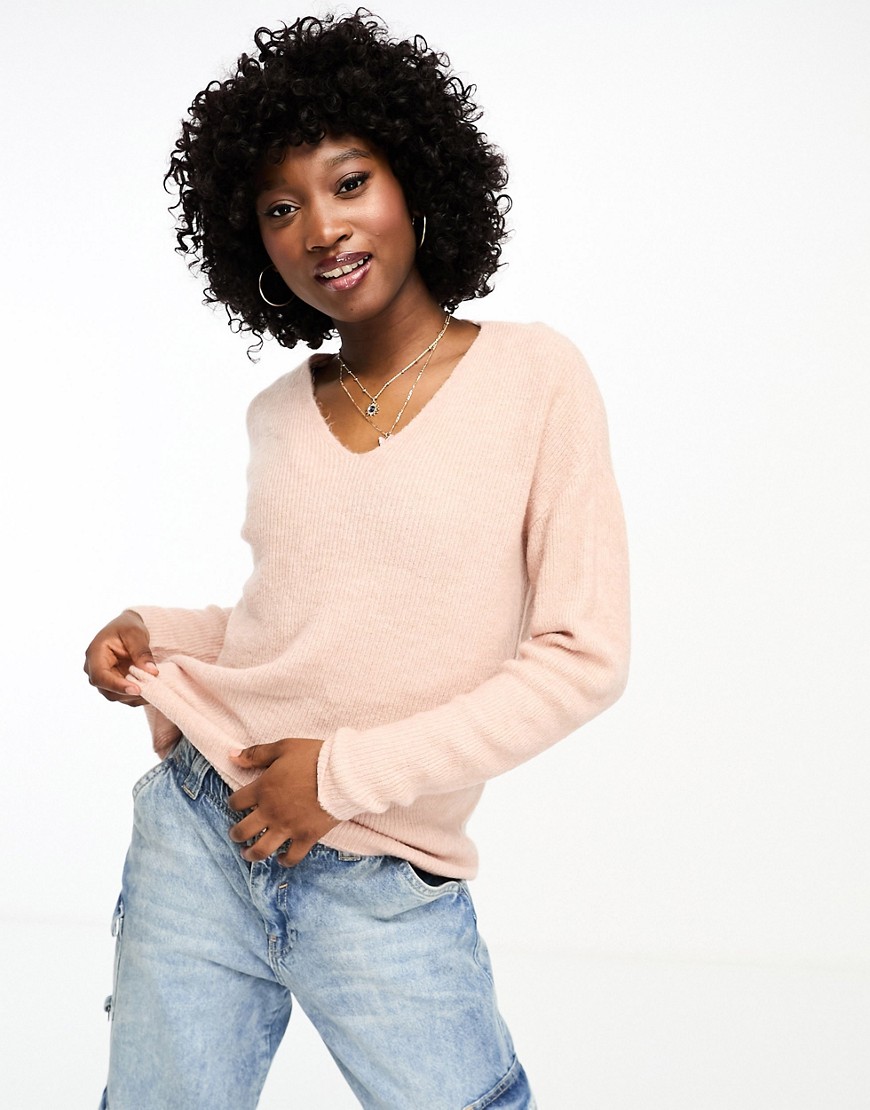 Vero Moda Textured V Neck Knitted Sweater In Pink