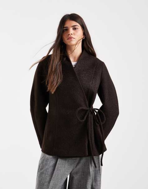 Vero Moda textured wool-touch tie side jacket in chocolate brown - view 1