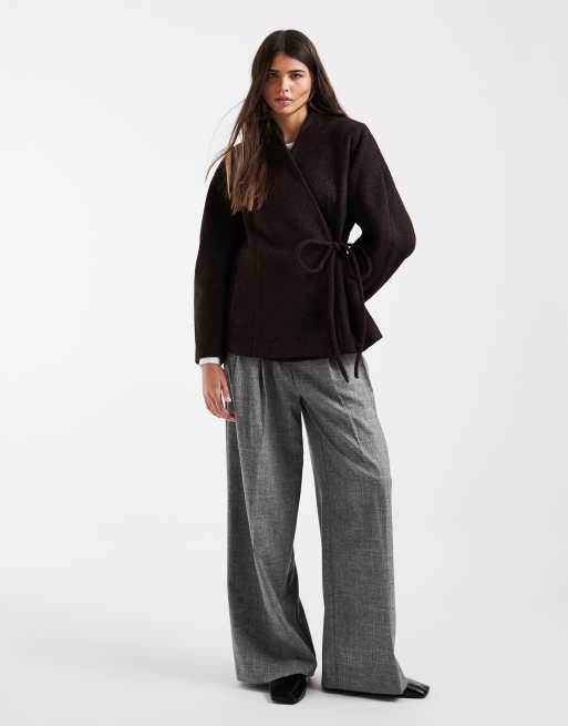 Vero Moda textured wool-touch tie-side jacket in chocolate brown, 3 of 4