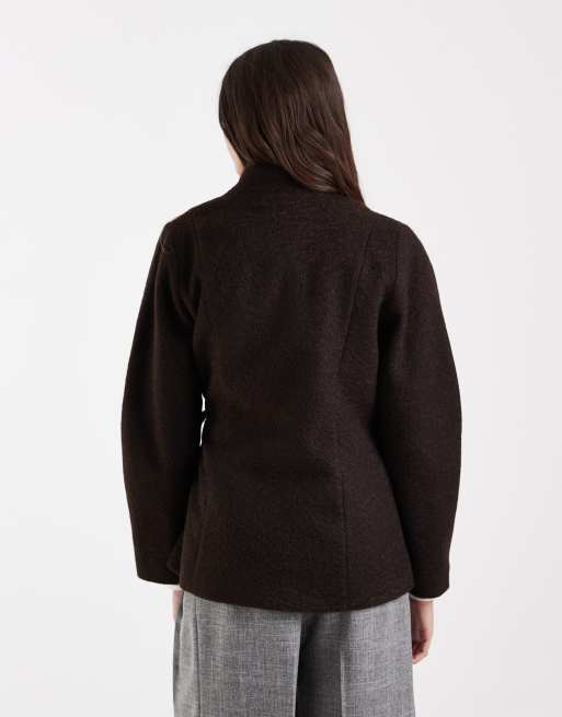 Vero Moda textured wool-touch tie-side jacket in chocolate brown, 4 of 4
