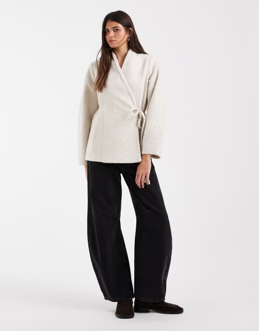Vero Moda textured wool-touch tie-side jacket in oatmeal, 3 of 4