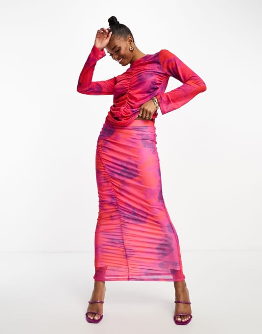 Vero Moda tie dye mesh top and maxi skirt set in pink