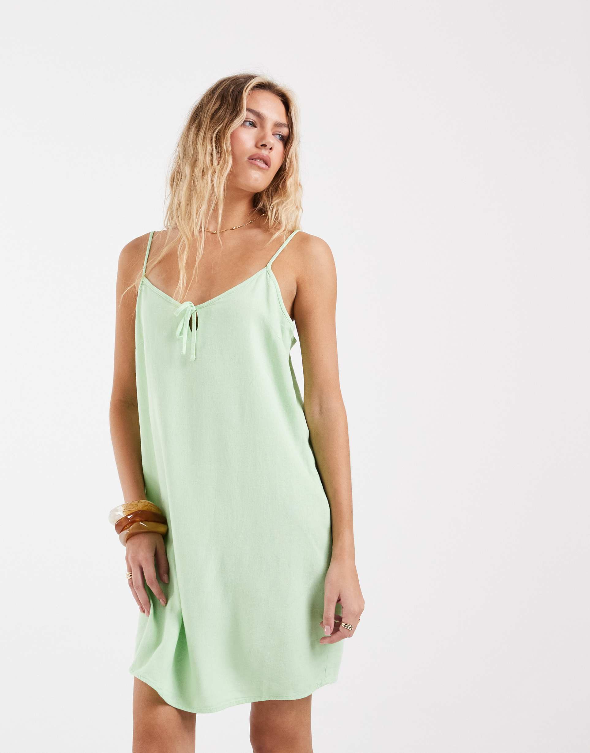 vero moda tie front cami mini dress in pistachio green
