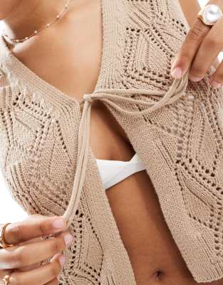 Vero Moda Tie Front Crochet Sleeveless Tank Top In Neutral