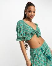 Green Burnout Mesh Tie Front Crop Top