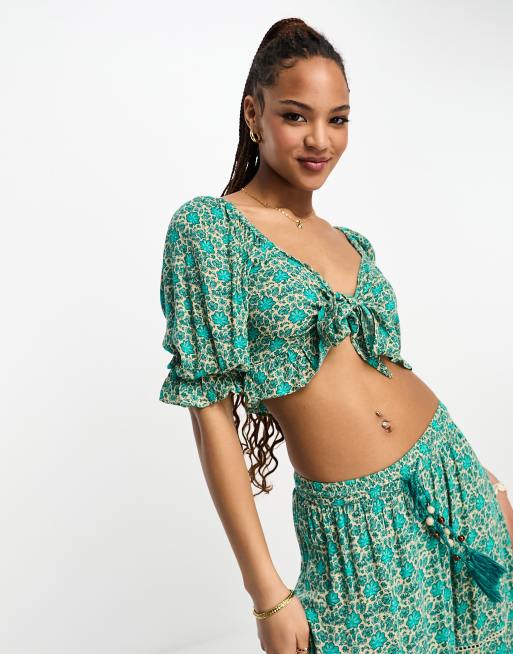 Vero Moda tie front crop top in blue floral (part of a set)