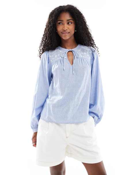 Vero Moda tie front embroidered blouse in blue - view 1