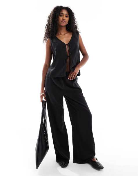 Vero Moda tie front jersey top and trouser co-ord in black - view 1
