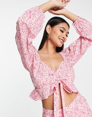 Vero Moda tie front milkmaid blouse co-ord in pink floral | ASOS