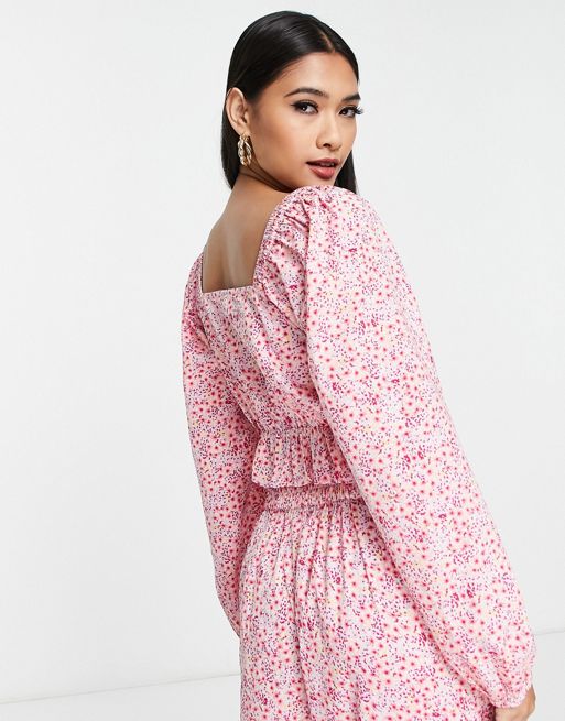 ASOS DESIGN corset top with ruffle shoulder in pink occasion floral print