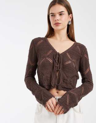 Vero Moda Tie Front Patterned Crochet Cardigan In Brown