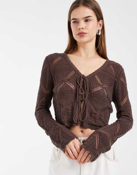 Vero Moda tie front patterned crochet cardigan in chocolate - view 1