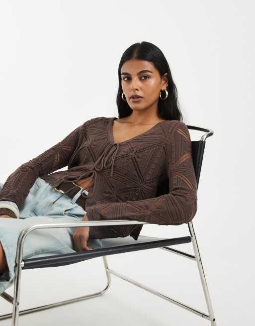 Vero Moda tie front patterned crochet cardigan in chocolate, 2 of 4