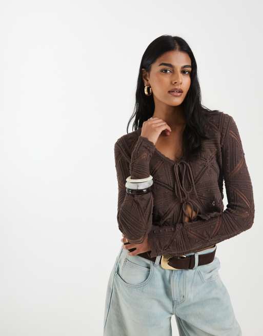 Vero Moda tie front patterned crochet cardigan in chocolate, 3 of 4