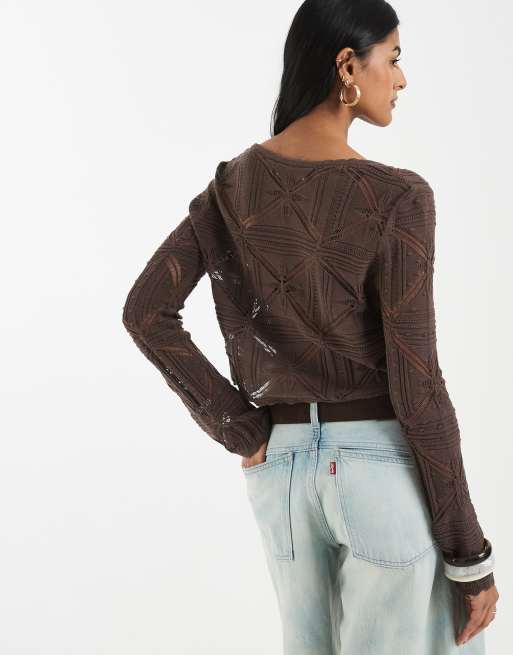 Vero Moda tie front patterned crochet cardigan in chocolate, 4 of 4