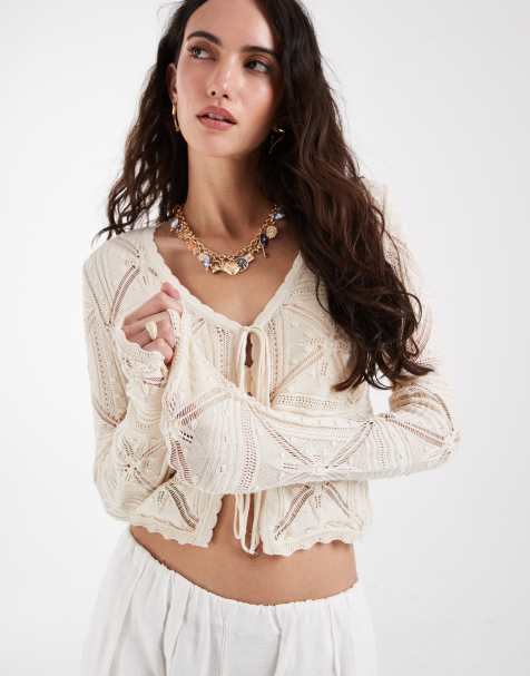 Vero Moda tie front patterned crochet cardigan in cream - view 1