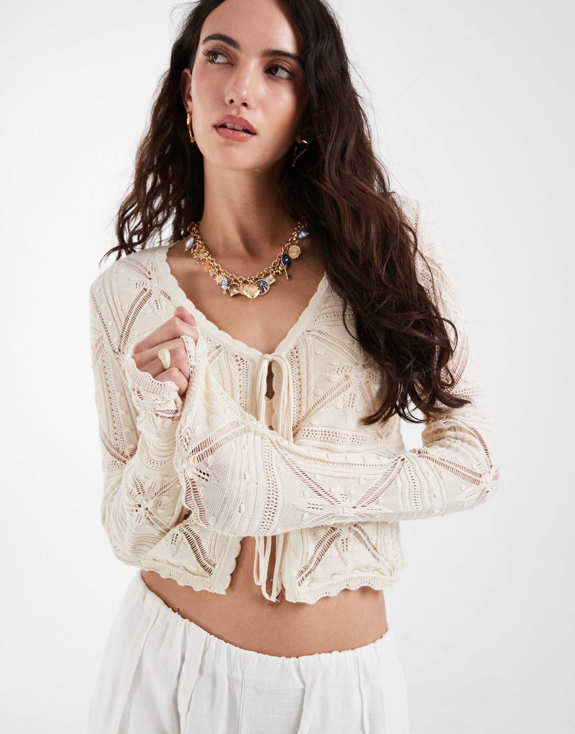 vero moda tie front patterned crochet cardigan in cream