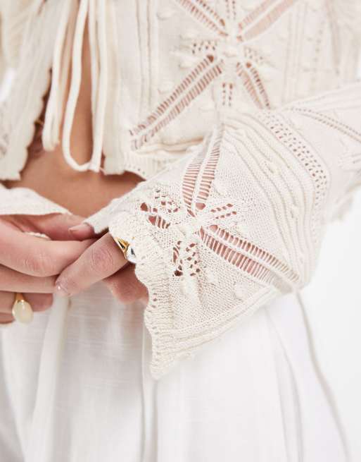 Vero Moda tie front patterned crochet cardigan in cream, 3 of 4