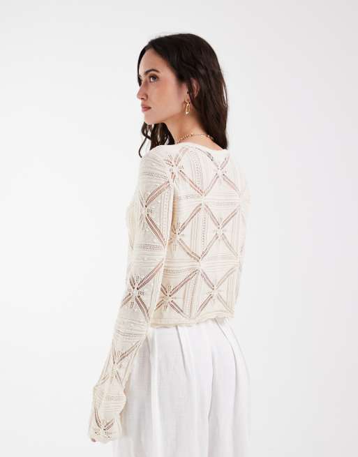 Vero Moda tie front patterned crochet cardigan in cream, 4 of 4