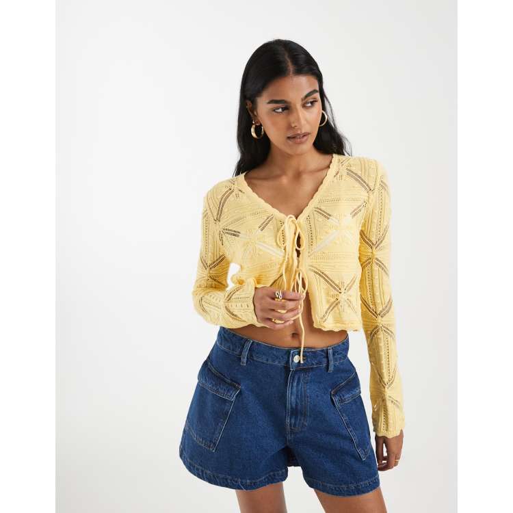 Vero Moda tie front patterned crochet cardigan in golden yellow | ASOS