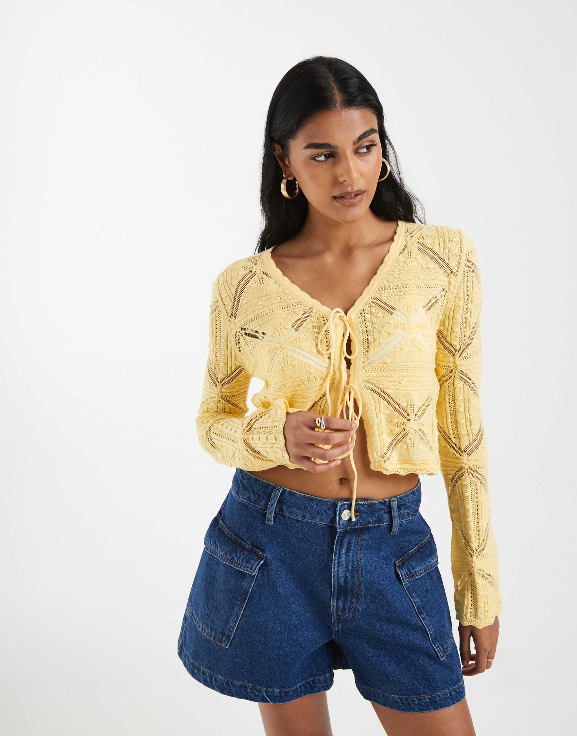 vero moda tie front patterned crochet cardigan in golden yellow