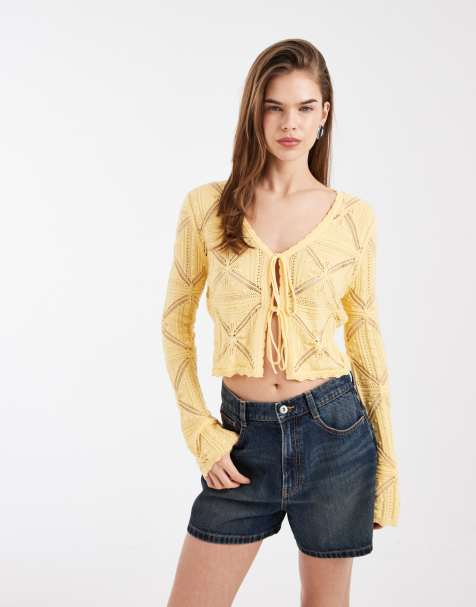 Vero Moda tie front patterned crochet cardigan in golden yellow