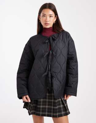 Vero Moda Tie Front Quilted Jacket In Black